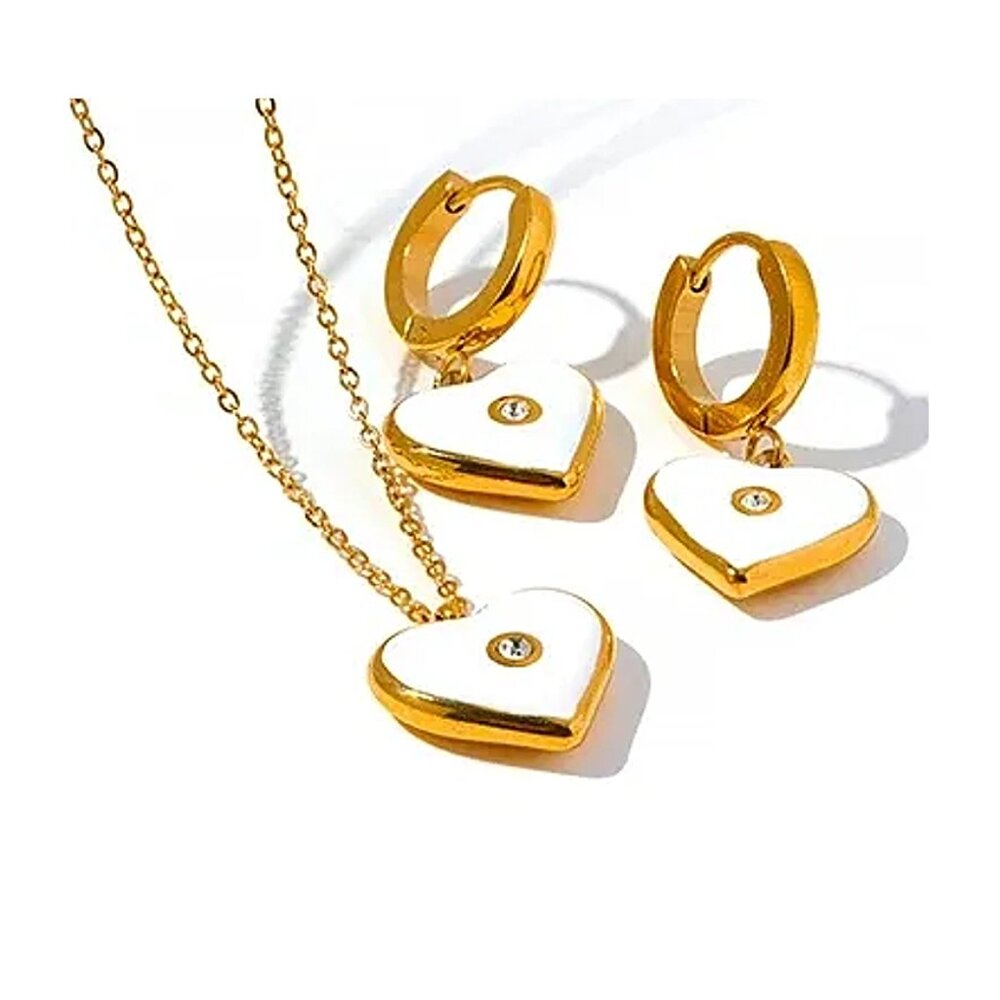 NWOT  White Enamel Heart Earrings and Necklace Set